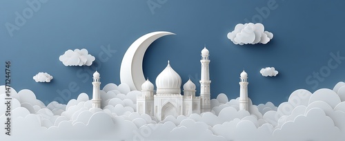Serene Mosque in Cloudscape under Crescent Moon Eid Mubarak Islamic Design