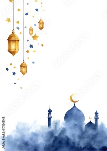 Festive Ramadan Greeting Watercolor Design Featuring Golden Lanterns Stars and Mosque Silhouette