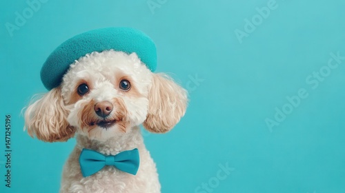 Cute small dog in a teal beret and bowtie, playful expression against a bright blue background, perfect for pet-themed content.