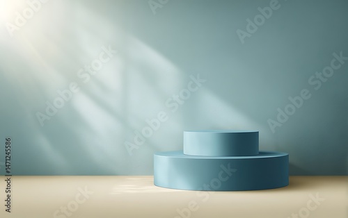 Elegant Blue Cylindrical Display Stand with Soft Light and Shadows Perfect for Product Presentation