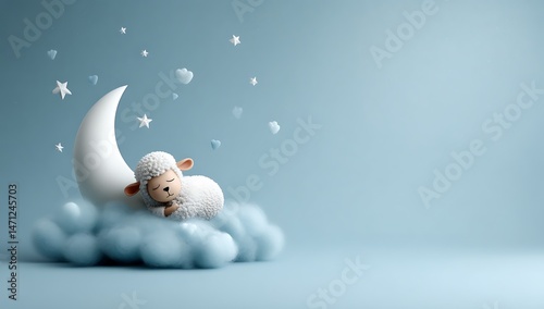 Adorable Lamb Sleeping on a Cloud Crescent Moon Night Sky Stars Dream Sweet Dreams Baby Sleep