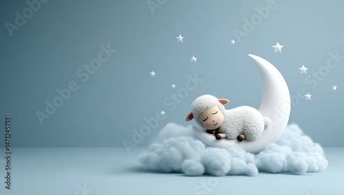 Adorable Lamb Asleep on a Crescent Moon Nestled in Clouds under a Starry Sky