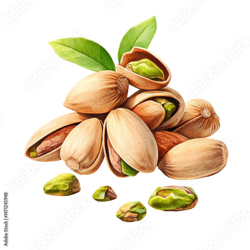 A Watercolor Painting of Delicious Pistachios with Green Leaves A Pile of Shelled and Unshelled Pistachios isolated on transparent background