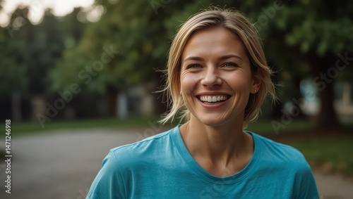 Radiating happiness, a lively woman in her mid-adult years wears a cyan t-shirt, her bright smile capturing her free-spirited nature.

