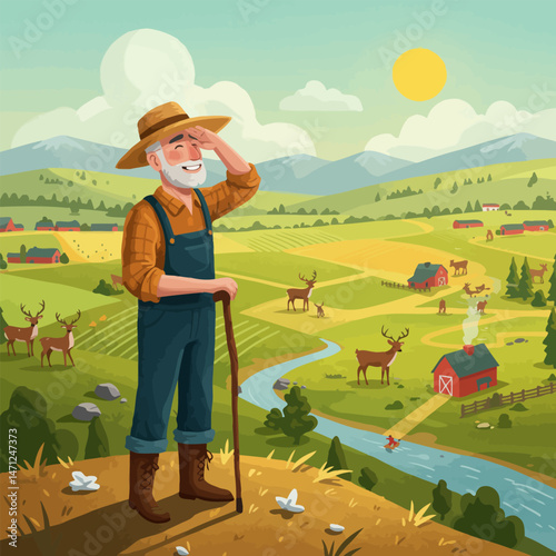 Farmer Overseeing Farm at Daytime with Deer and River