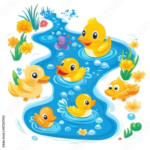Playful Cartoon Ducks Swimming in Bright Blue Stream with Flowers