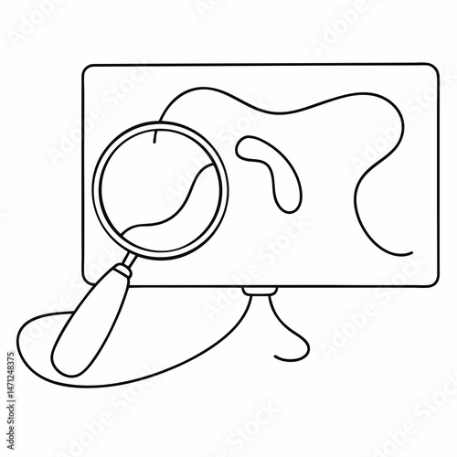 Online data analysis magnifying glass explores screen data revealing insights simple line art black