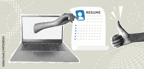 Trendy halftone collage. Online resume and job application. Candidate endorsement. Employment concept, scanning for job applicant selection, hiring.