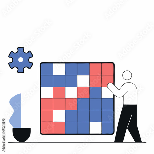Person completing a colorful grid puzzle simple graphic design with bold colors and clean lines