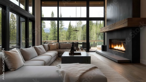 Cozy living room with large windows, modern furniture, inviting fireplace, relaxing atmosphere, perfect for gatherings.