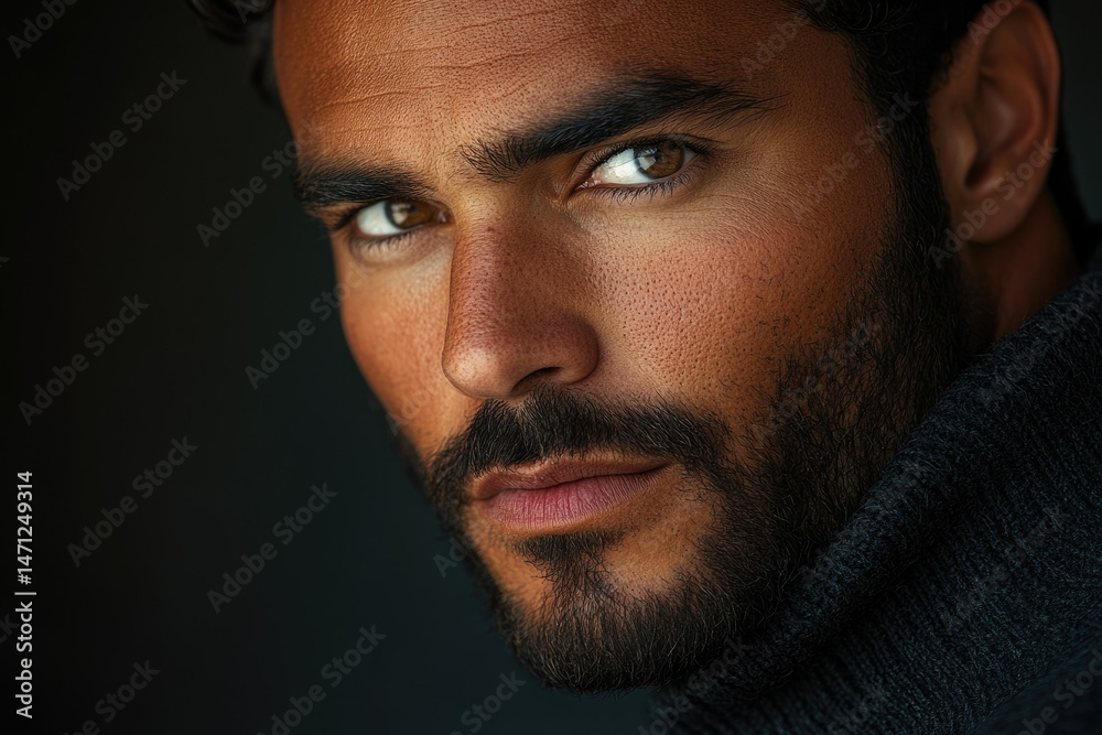 Obraz premium Close-up portrait of a man with intense brown eyes and a well-groomed beard, exuding confidence and charisma.