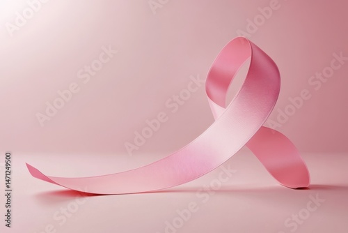 A pink ribbon standing on a pink surface with a soft pink background and light shining on it