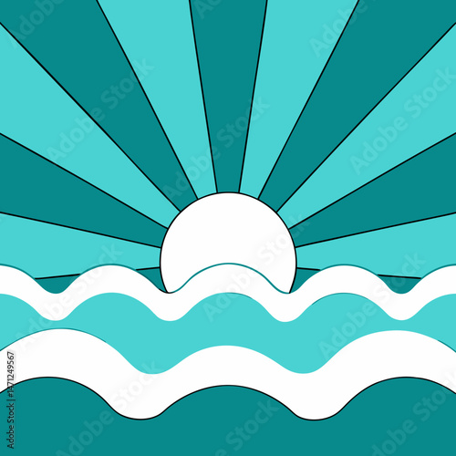 Serene teal sun rising over calm ocean waves minimalist art vector graphic summer vibes beach design