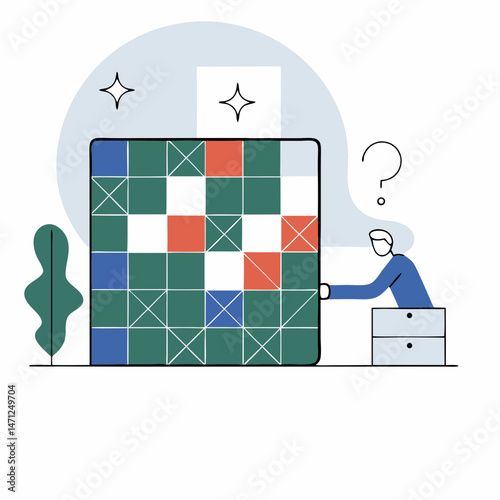 Solving a complex puzzle a man struggles showing determination and focus in a minimalist design with