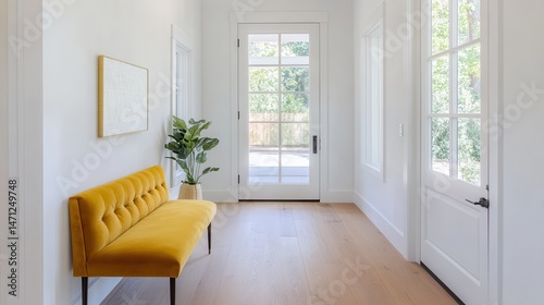 Bright modern hallway with natural light, sleek walls, stylish yellow bench, perfect for a welcoming atmosphere.