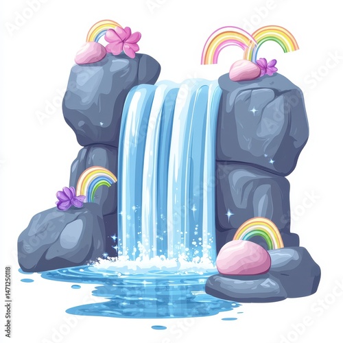 Colorful Waterfall with Rocks, Flowers, and Rainbows in Cartoon Style