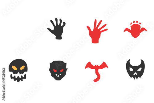 Spooky Halloween icons ghostly hands devilish faces and bat silhouettes on black background