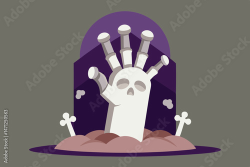 Spooky skeleton hand rising from grave Halloween design purple background vector art
