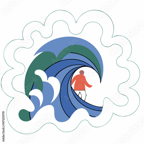 Surfer riding a powerful ocean wave stylized art blue green hues abstract design