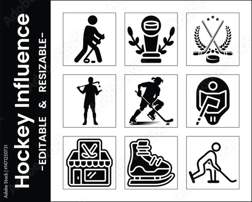 Collection Of Hockey Sport Vector Icons Hockey Player Puck Stick Skates Helmet Store