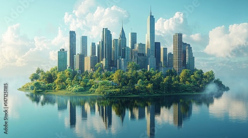 Modern urban skyline on floating landmass with infrastructure elements and clear sky background  