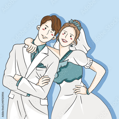 cute character vector illustration of a married couple in a unique and simple wedding dress