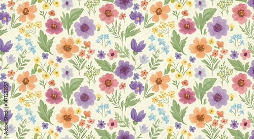 Wallpaper Mural A repeating design showcases a variety of hand-drawn flowers in bright pink, purple, blue, orange, and yellow, interspersed with green leaves across a seamless cream-colored surface Torontodigital.ca
