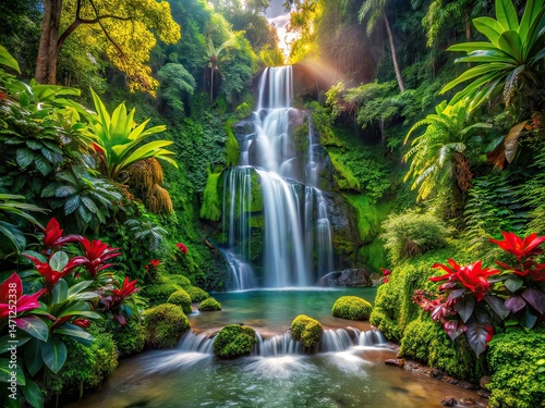 Tropical Waterfall, Jungle Tranquility, Lush Vines