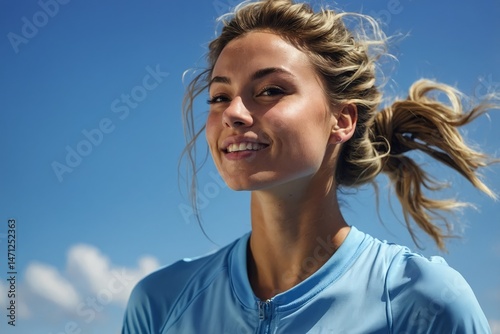 Bathed in sunlight beneath a vivid blue sky, a young sportswoman with a chic bun radiates happiness in a portrait full of life and motion.

