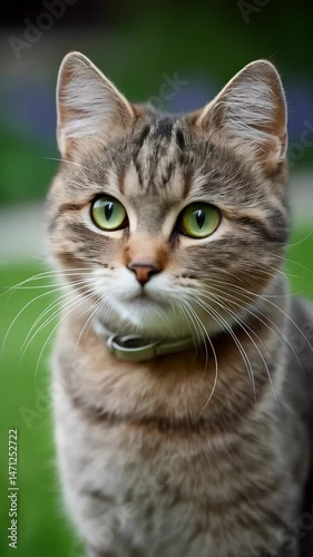 Wallpaper Mural A gray tabby cat sits attentively in a garden setting, with green eyes and collar, capturing a moment of curious focus against a natural backdrop. Torontodigital.ca