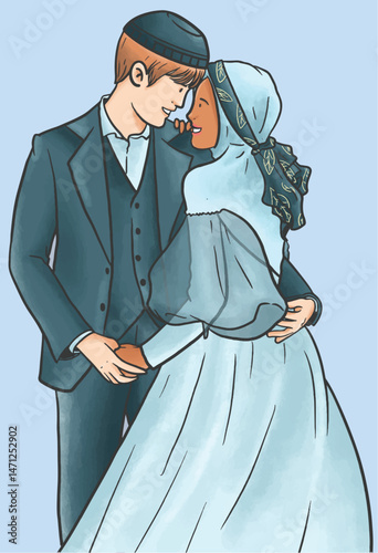 vector illustration of a cute Muslim wedding couple with simple blue images