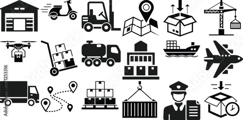 Logistics and delivery icons depicting various transportation methods and global shipping processes