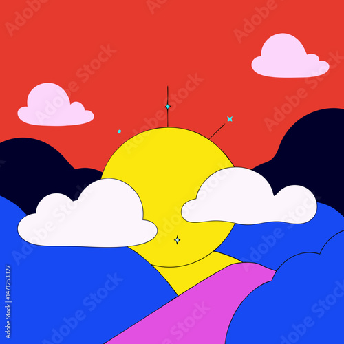 Vibrant sunset landscape bold colors playful clouds joyful mood happy art bright sun modern design