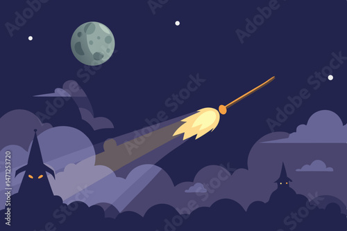 Witch s broom flies on a moonlit night past mysterious silhouettes under a starry sky with glowing
