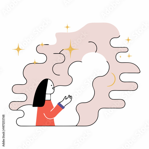 Woman embracing dreams stars moon soft pink abstract art hopeful calm illustration