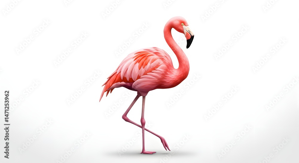 Fototapeta premium Flamingo Standing on One Leg with Pink Feathers and Black Beak