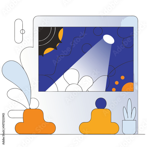 Abstract art captivates viewers a serene scene unfolds two figures are engrossed blue and orange
