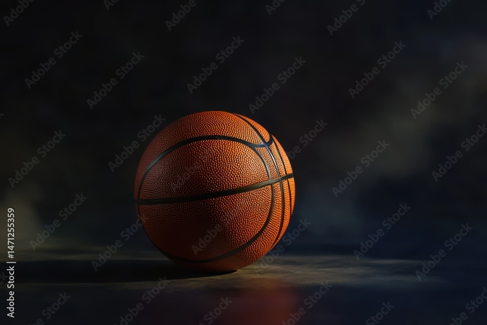 Fototapeta premium A basketball resting on a dark surface with a smoky background in a dramatic lighting style