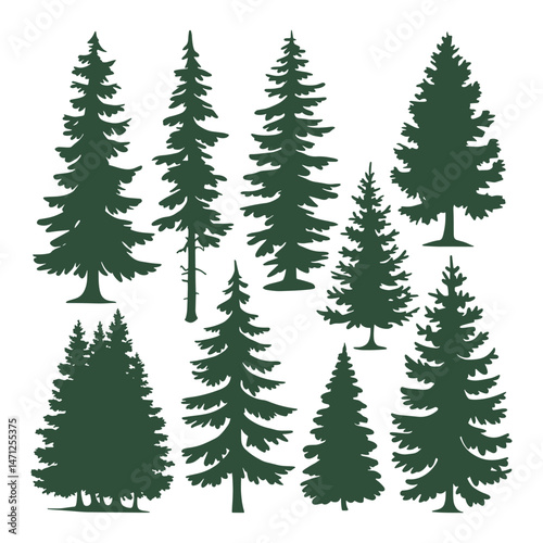 Pine tree silhouettes. Evergreen forest firs and spruces black shapes, wild nature trees templates.