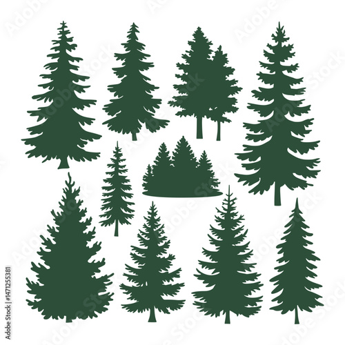 Pine tree silhouettes. Evergreen forest firs and spruces black shapes, wild nature trees templates.