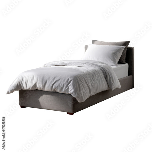 Gray Upholstered Single Bed with White Linens on Transparent Background