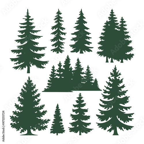 Pine tree silhouettes. Evergreen forest firs and spruces black shapes, wild nature trees templates.
