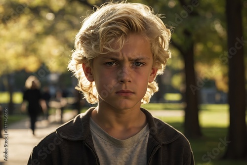 In the tranquil setting of a sunlit park, a pensive boy with long blond hair fixes the lens with a serious stare, emotion etched deeply across his face.


