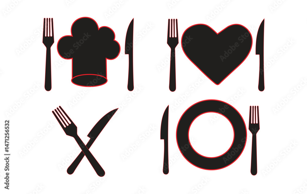 Fototapeta premium Restaurant Dining Icons – Chef Hat, Heart, Plate with Cutlery Silhouettes