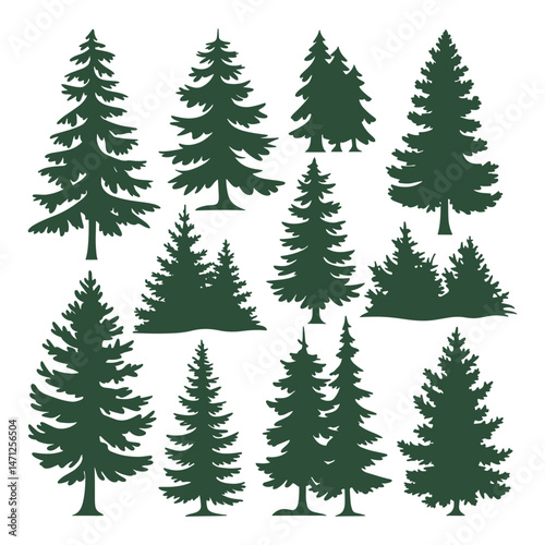 Pine tree silhouettes. Evergreen forest firs and spruces black shapes, wild nature trees templates.