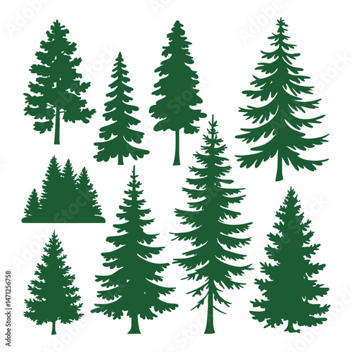 Pine tree silhouettes. Evergreen forest firs and spruces black shapes, wild nature trees templates.