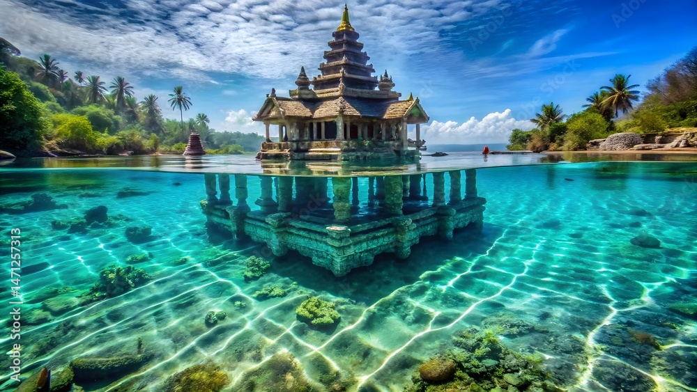 Obraz premium Submerged Temple Structure in Tropical Water