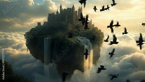 Majestic castle floating amidst ethereal clouds