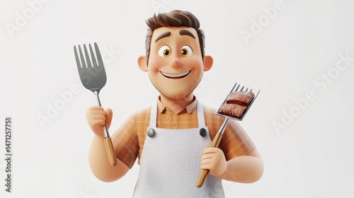 Cartoon chef holding spatula and fork with cooked meat (2)