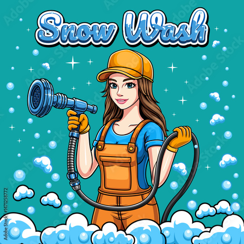 Illustration character of a car washer woman in orange uniform